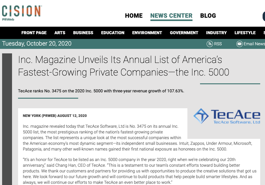 TecAce ranks No. 3475 on the 2020 Inc prweb